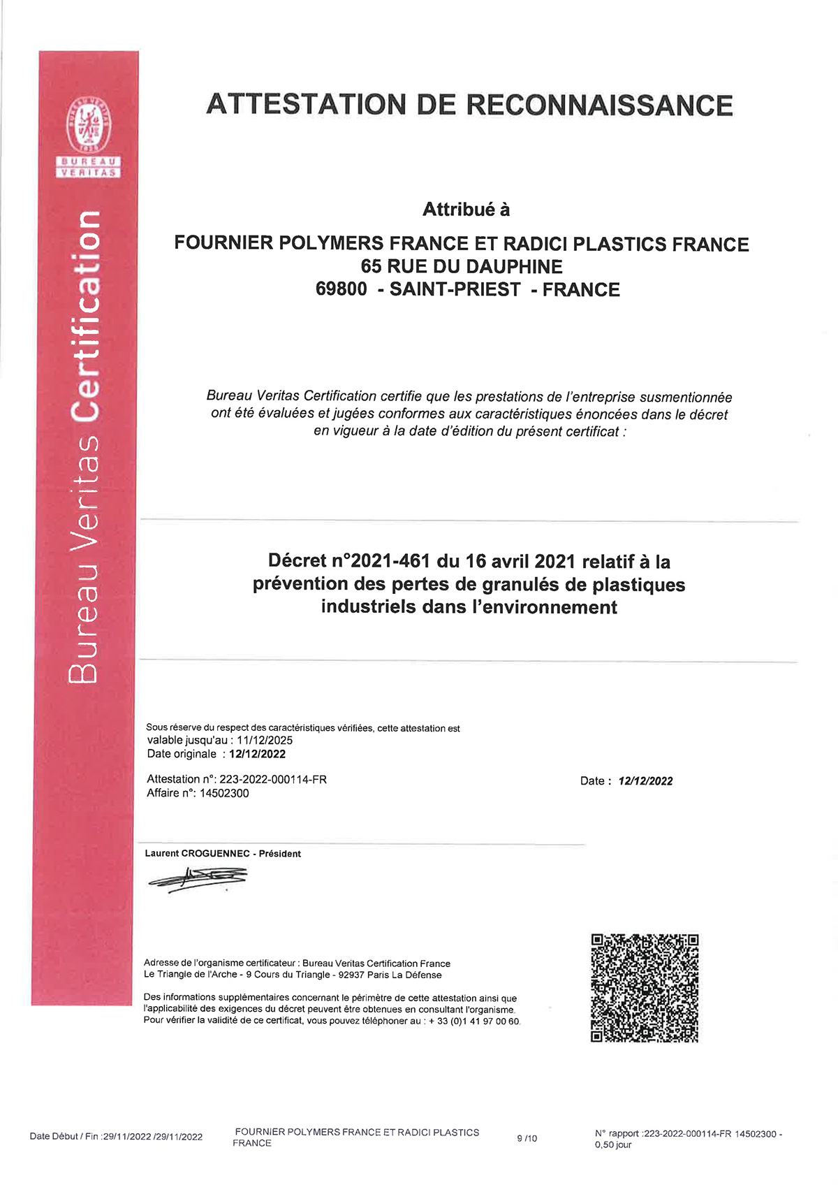 Fournier Polymers - Attestation reconnaissance