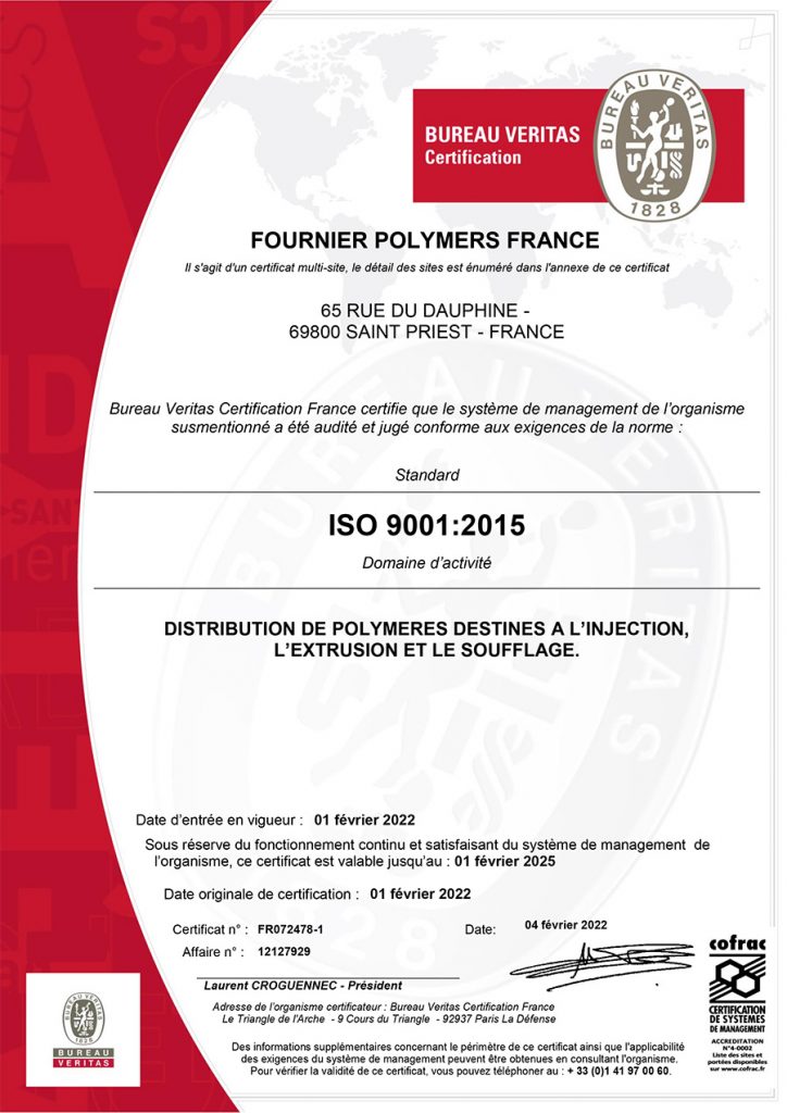 Fournier Polymers - Certificat ISO9001
